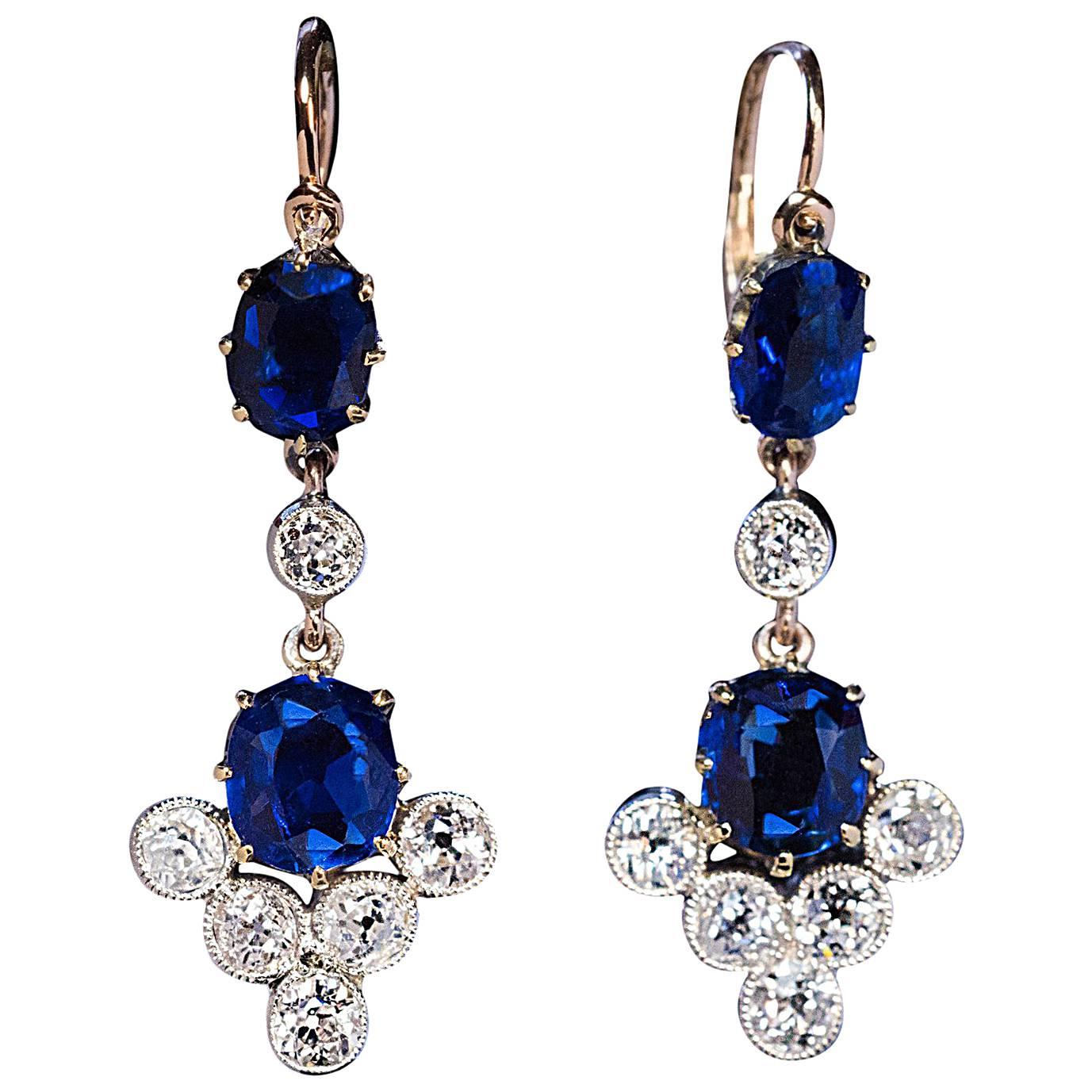 Antique Russian Sapphire and Diamond Dangle Earrings