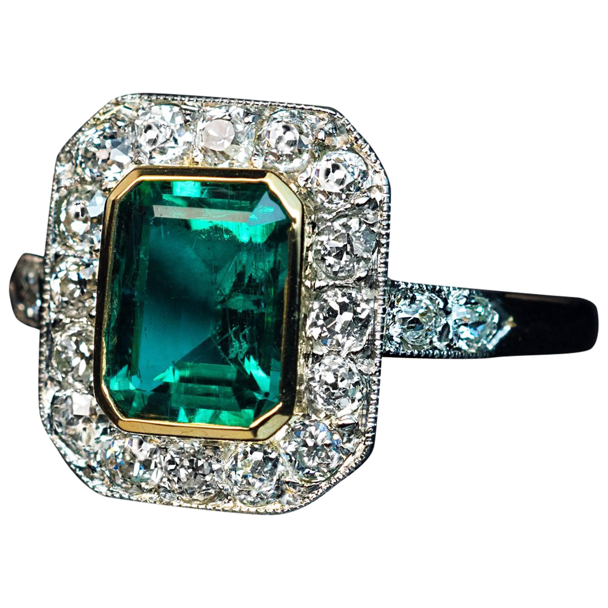 Antique Edwardian Era Emerald Diamond Engagement Ring