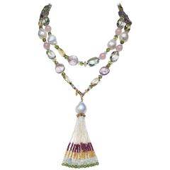 Marina J Multi-Color Gems Pearls Yellow Gold Sautoir Necklace and Tassel