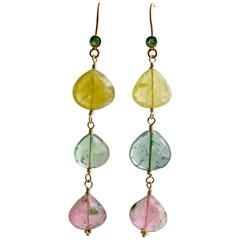 Emerald Pastel Afghan Tourmaline Gold Cascading Hearts Earrings