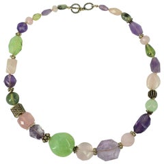 Amethyst Rose Quartz Prehnite Silver Necklace