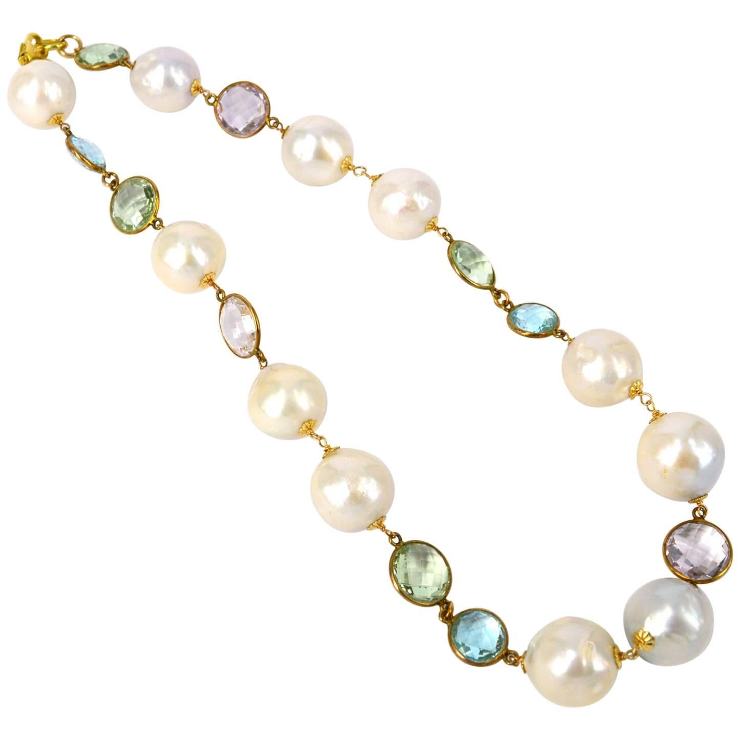 Amethyst Blue Topaz Green Amethyst Fresh Water Pearl Gold Necklace For Sale