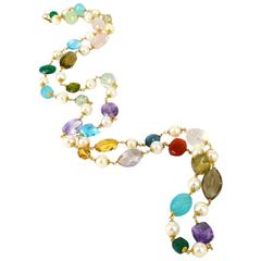 Amethyst Blue Topaz Citrine Peridot Rose Quartz Chalcedony Pearl Gold Necklace