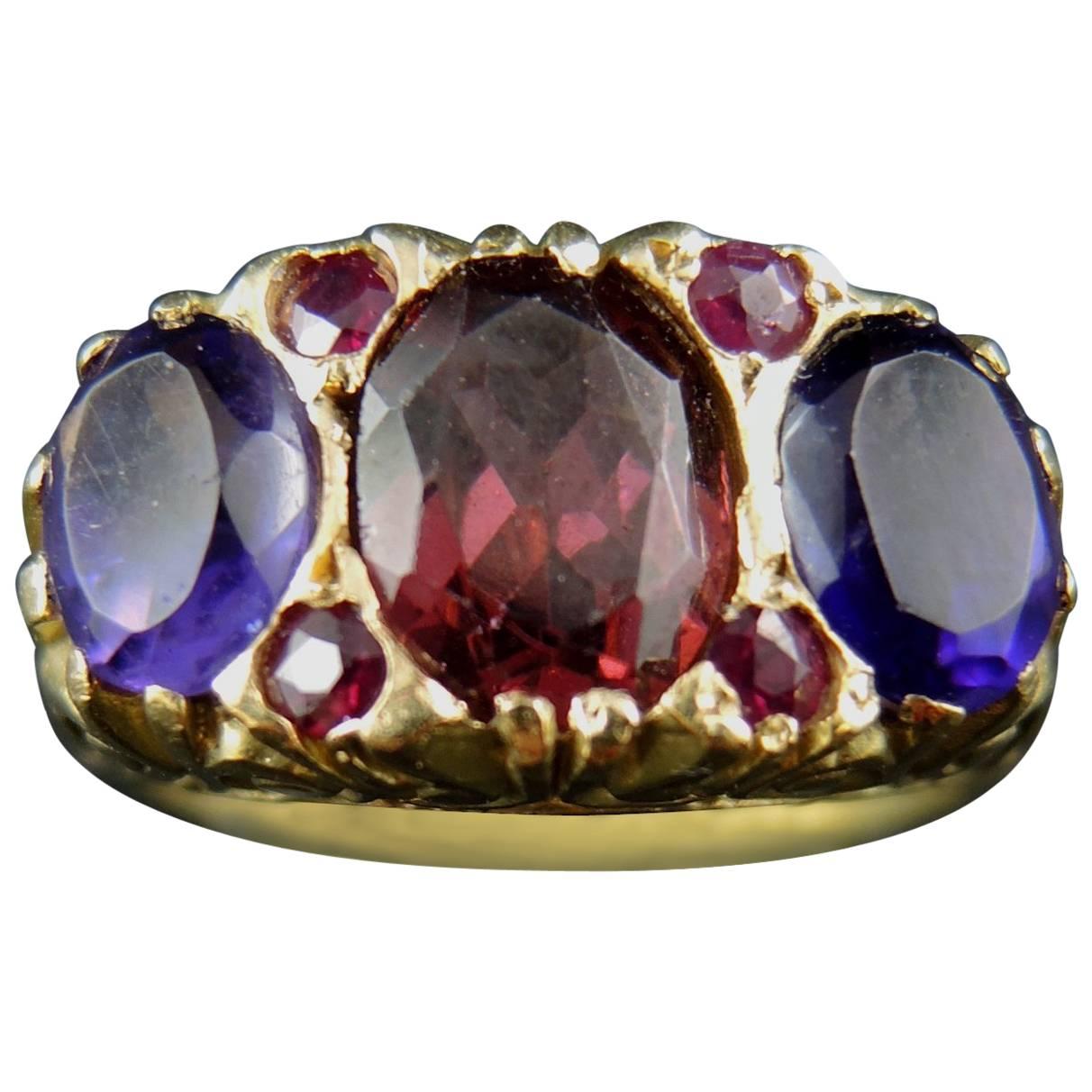 Antique French Three-Stone Ring with Garnet Amethysts and Ruby, 19th Century