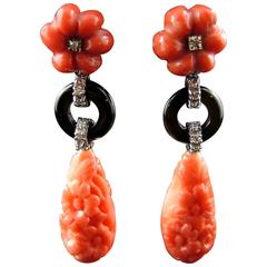 Coral Onyx and Diamonds Earrings in Art Deco Style