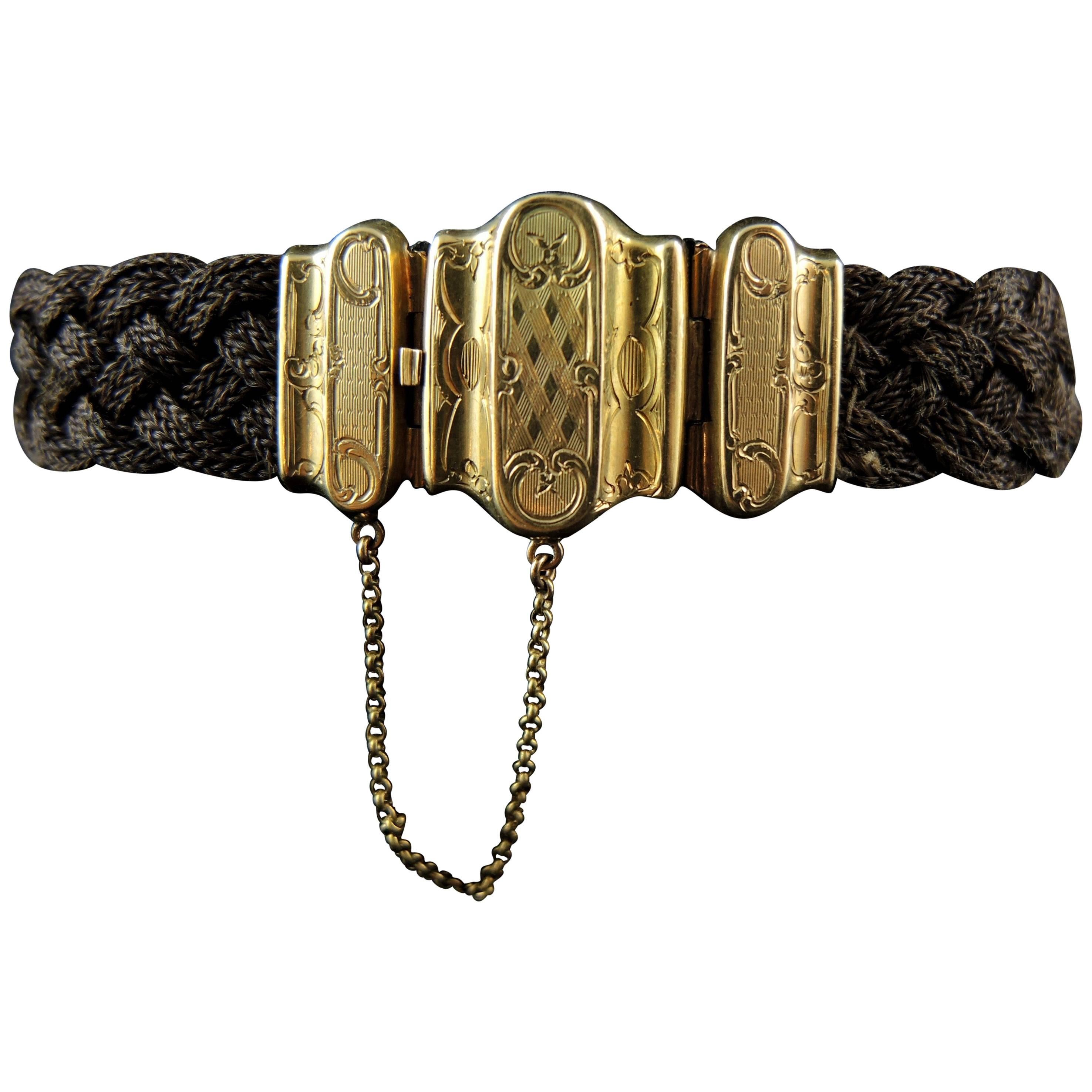 Victorian Weaved Hair Bracelet, Gold Clasp, circa 1850 For Sale