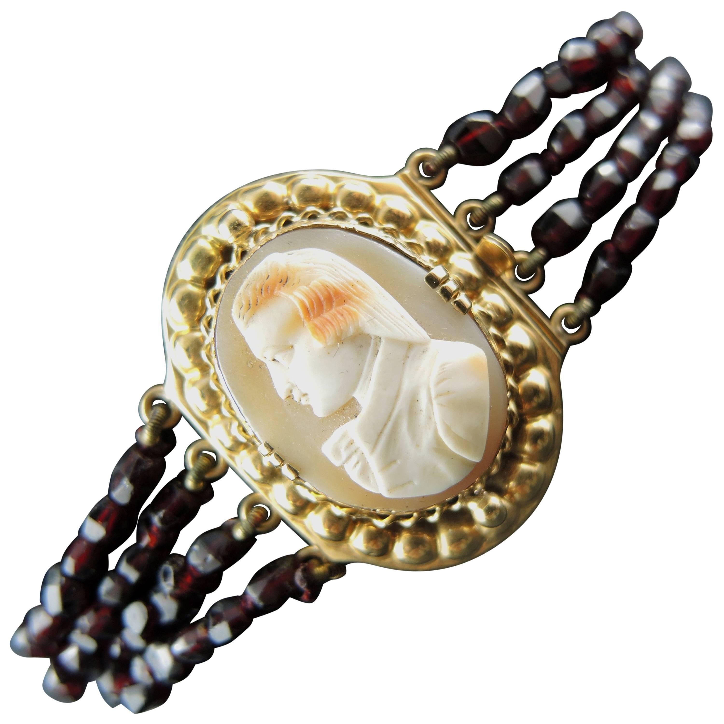 Antique French Gold Bracelet with Shell Cameo and Garnet Strands, 19th Century For Sale