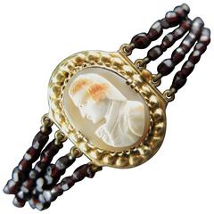 Antique French Gold Bracelet with Shell Cameo and Garnet Strands, 19th Century