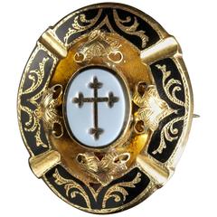 Antique Georgian Mourning Gold Brooch Hardstone Cross Seal, circa 1800