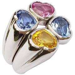 Missiaglia Yellow Blue Pink Sapphire Heart Shape Cut Gold Cocktail Ring