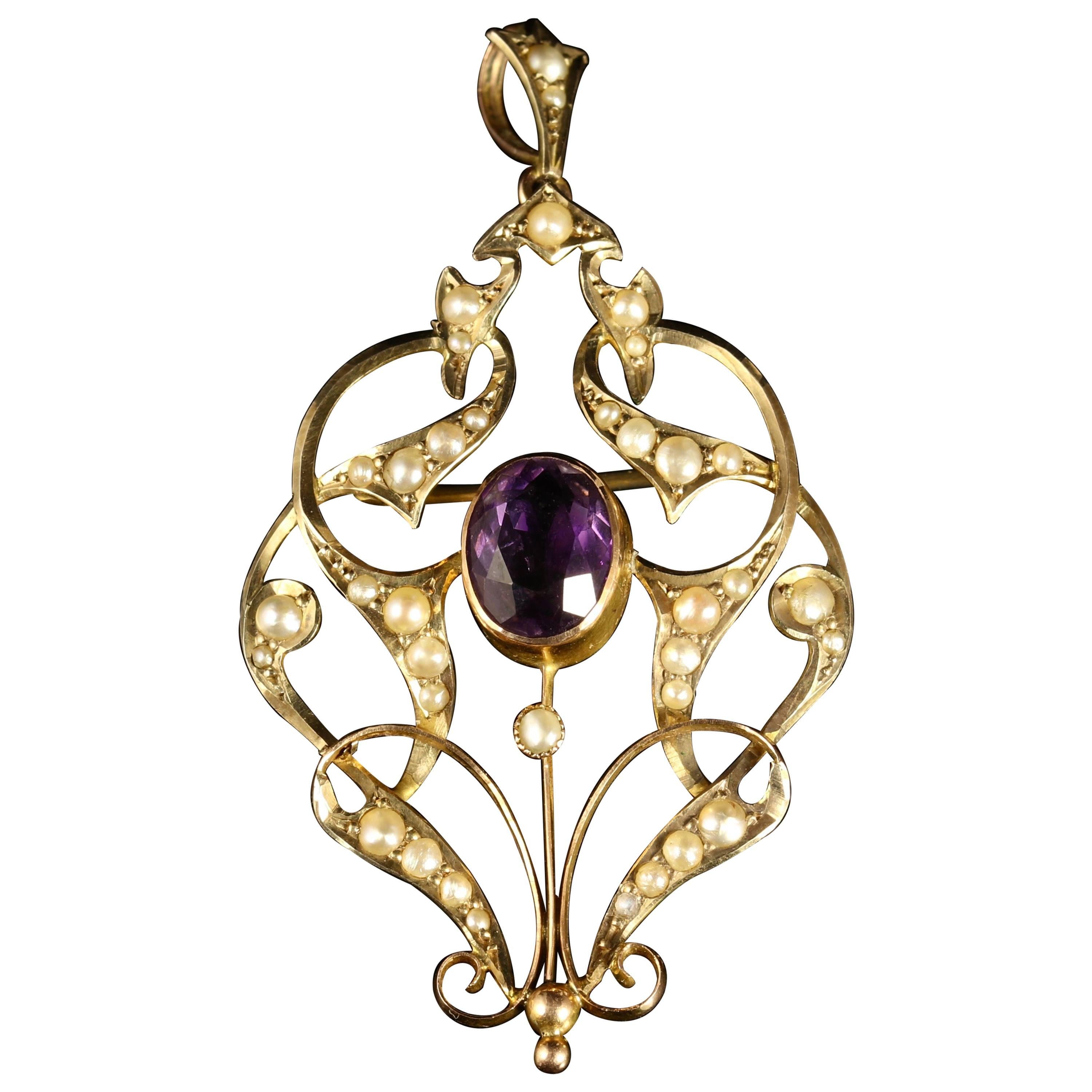 Antique Victorian Amethyst Pearl Pendant Gold Brooch