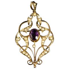 Antique Victorian Amethyst Pearl Pendant Gold Brooch