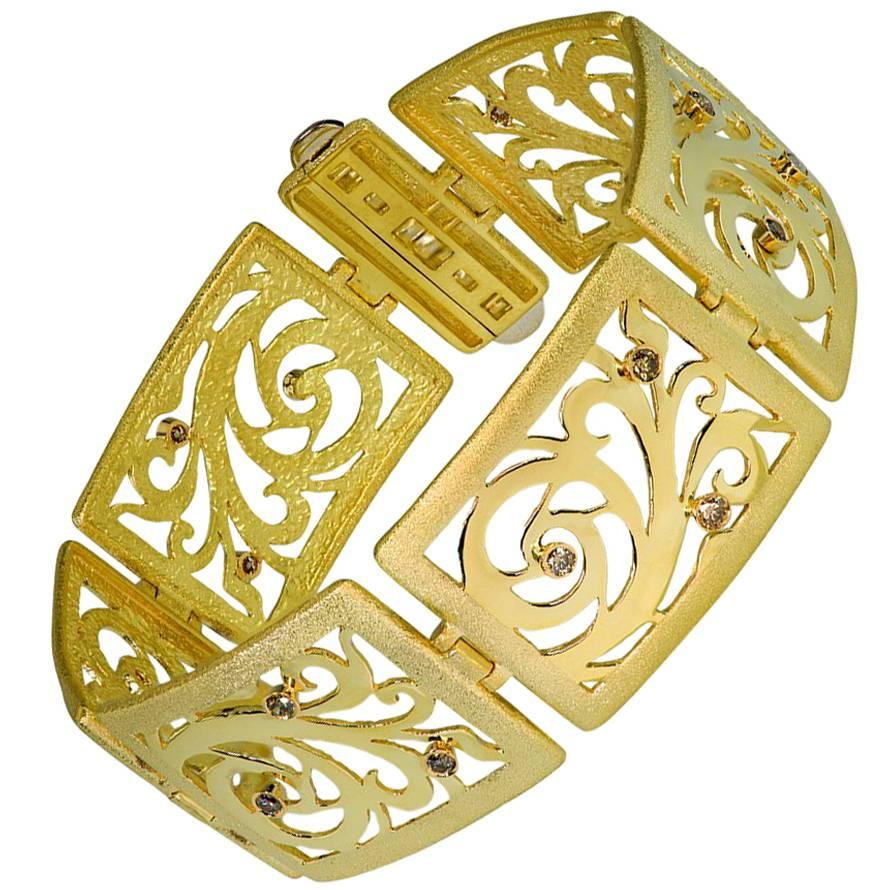Diamond Yellow Gold Contrast Texture Link Bracelet One of a Kind