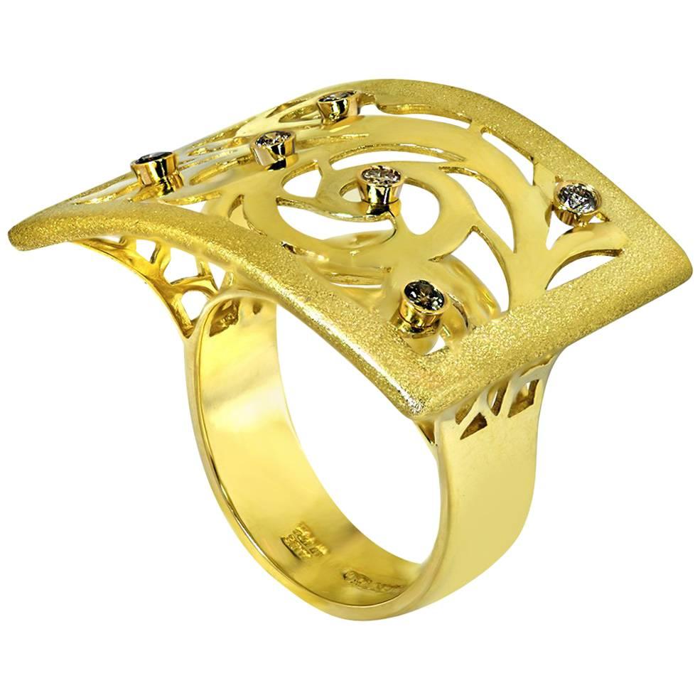 Diamond Yellow Gold Ornament Contrast Texture Ring One of a kind