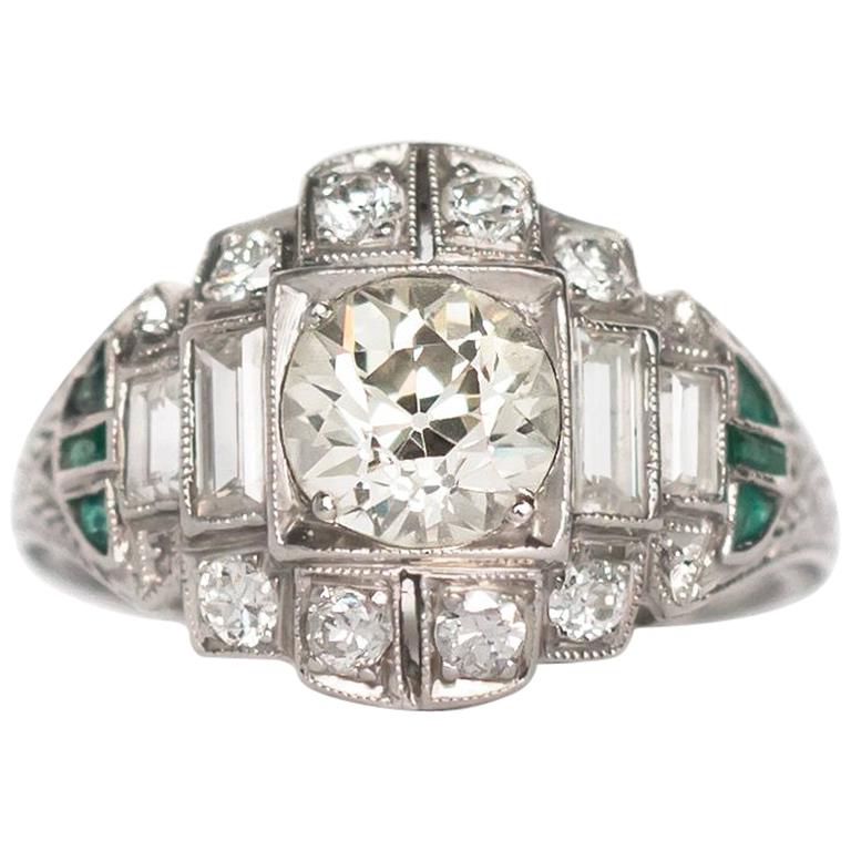 1920s Art Deco Diamond Emerald Platinum Engagement Ring at 1stDibs