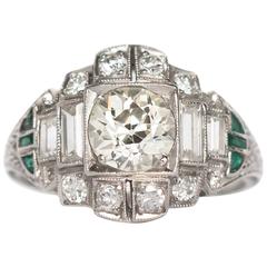 1920s Art Deco Diamond Emerald Platinum Engagement Ring 