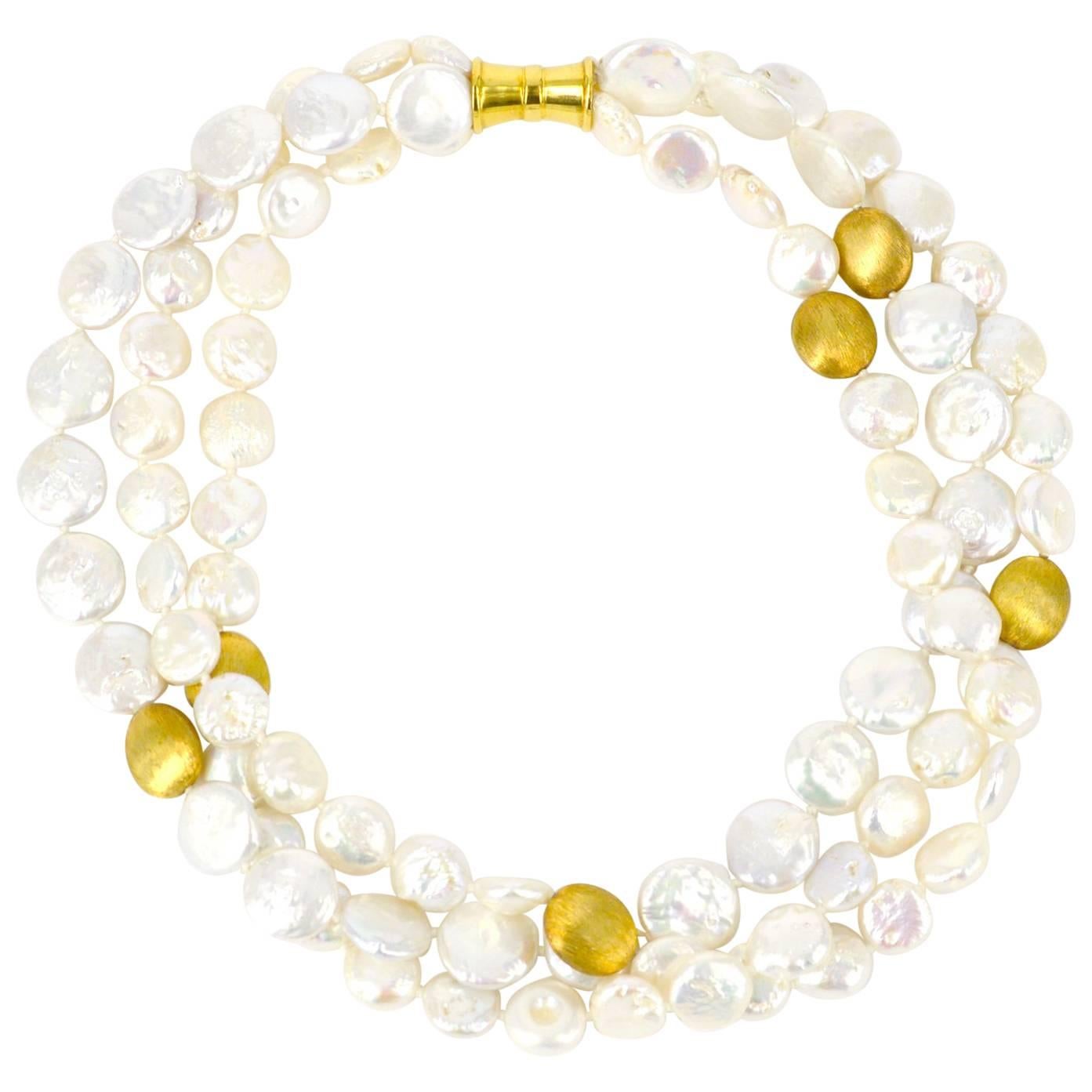 Three-Strand Coin Pearl and Gold Necklace