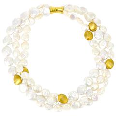 Three-Strand Coin Pearl and Gold Necklace 10