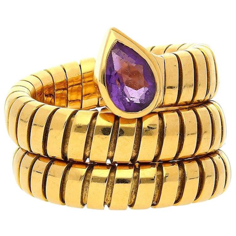 Bulgari Amethyst Gold Porcelain Chandra Cocktail Ring For Sale at 1stdibs