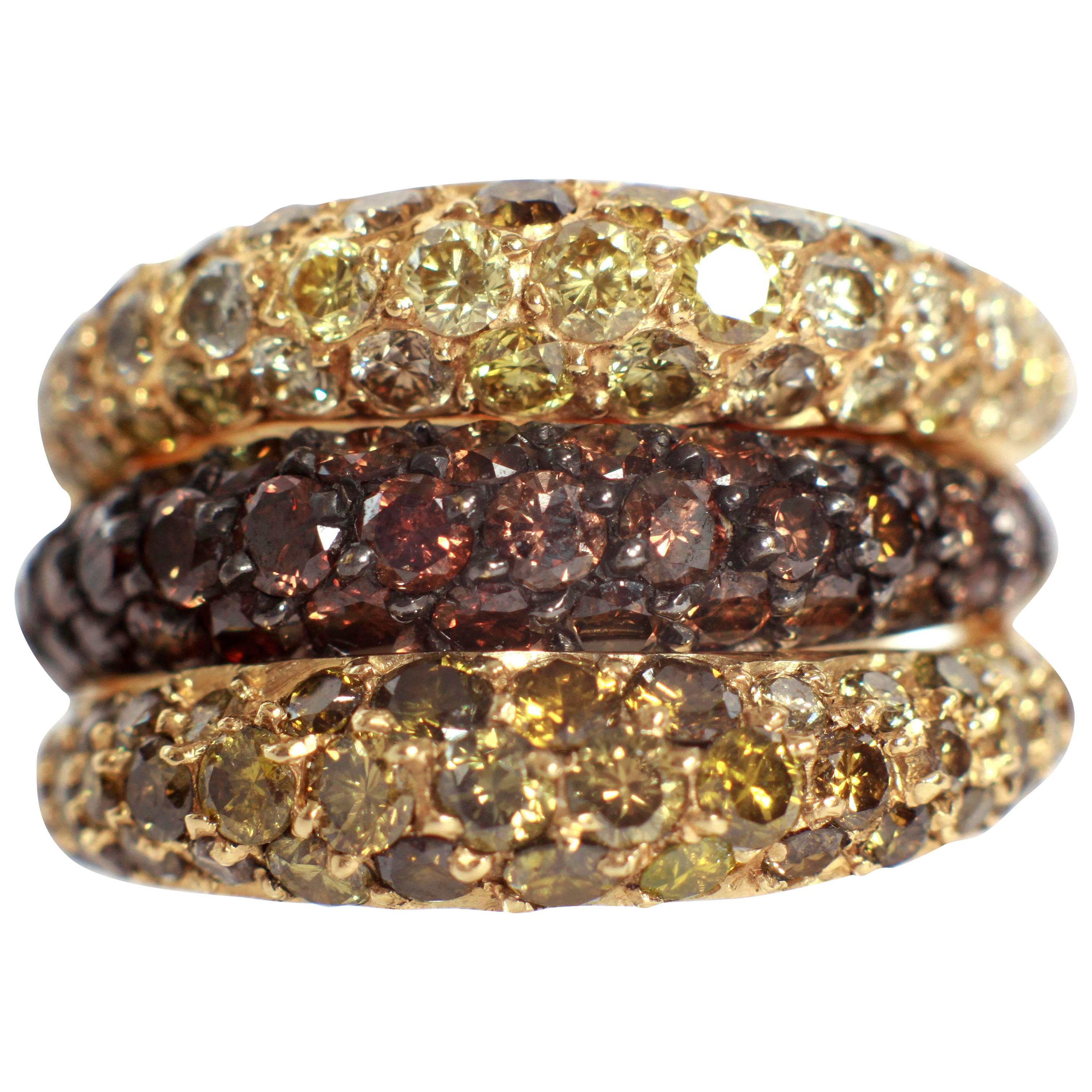 Trio of Wavy Yellow, Chocolate and Green Diamonds 3,31 Ct Pave-Set Band Rings 
