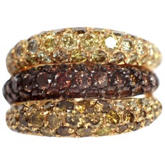 Trio of Wavy Yellow, Chocolate and Green Diamonds 3, 31 Ct Pave-Set Band Rings