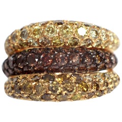 Trio of Wavy Yellow, Chocolate and Green Diamonds 3, 31 Ct Pave-Set Band Rings 