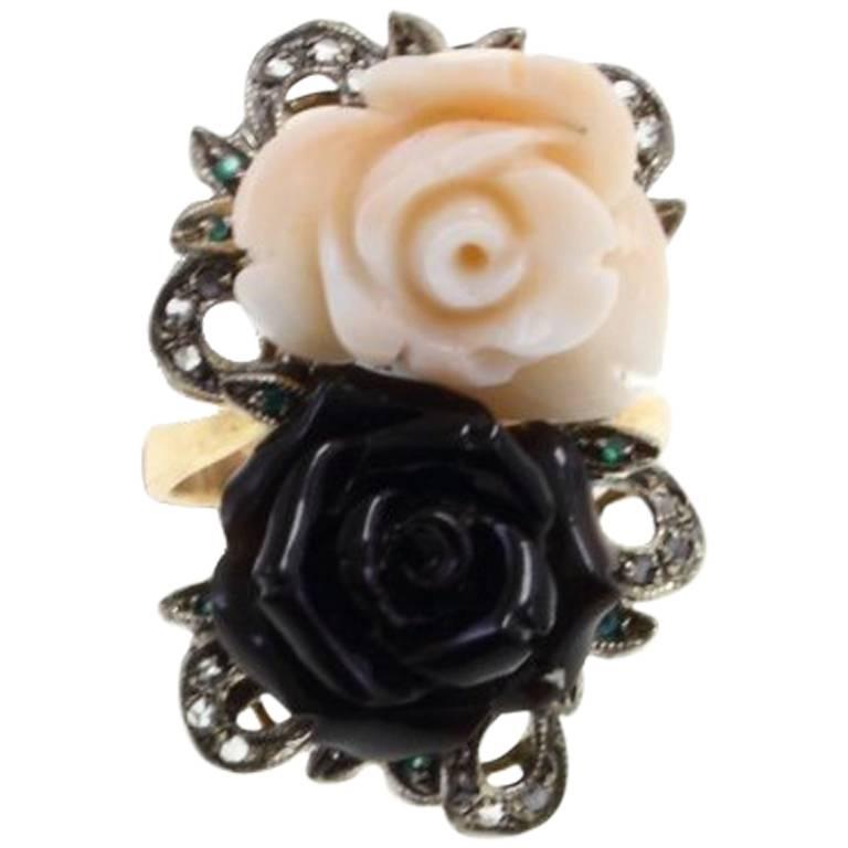 Diamond Emerald Pink and Black Coral Roses Rose Gold and Silver Fashion Ring
