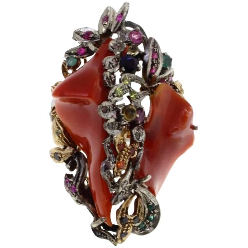  Gold Silver Diamond Sapphire Coral Ruby Emerald Cocktail Ring