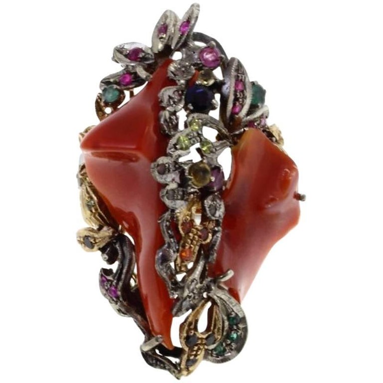 Gold Silver Diamond Sapphire Coral Ruby Emerald Cocktail Ring For Sale ...