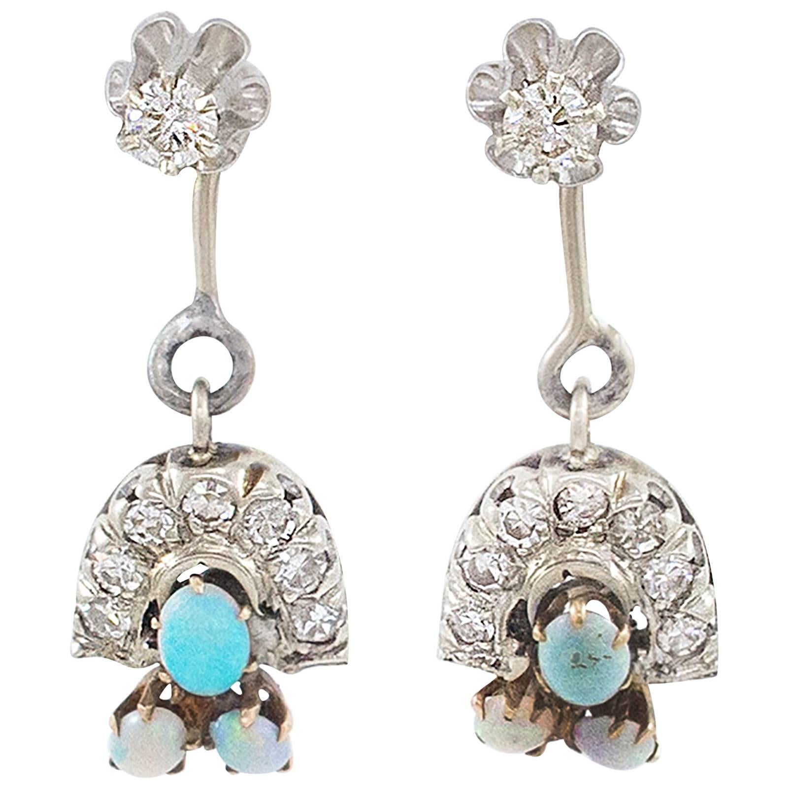 Adorable Diamond Opal Jacket Earrings with Diamond Studs and Opal Diamond Drops For Sale