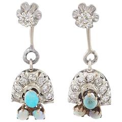 Antique Adorable Diamond Opal Jacket Earrings with Diamond Studs and Opal Diamond Drops