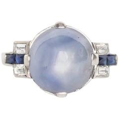 1930s Art Deco 7.25 Carat Star Sapphire Diamond and Sapphire Ring