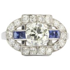 Art Deco Old European Diamond Sapphire Platinum Ring, circa 1920 2