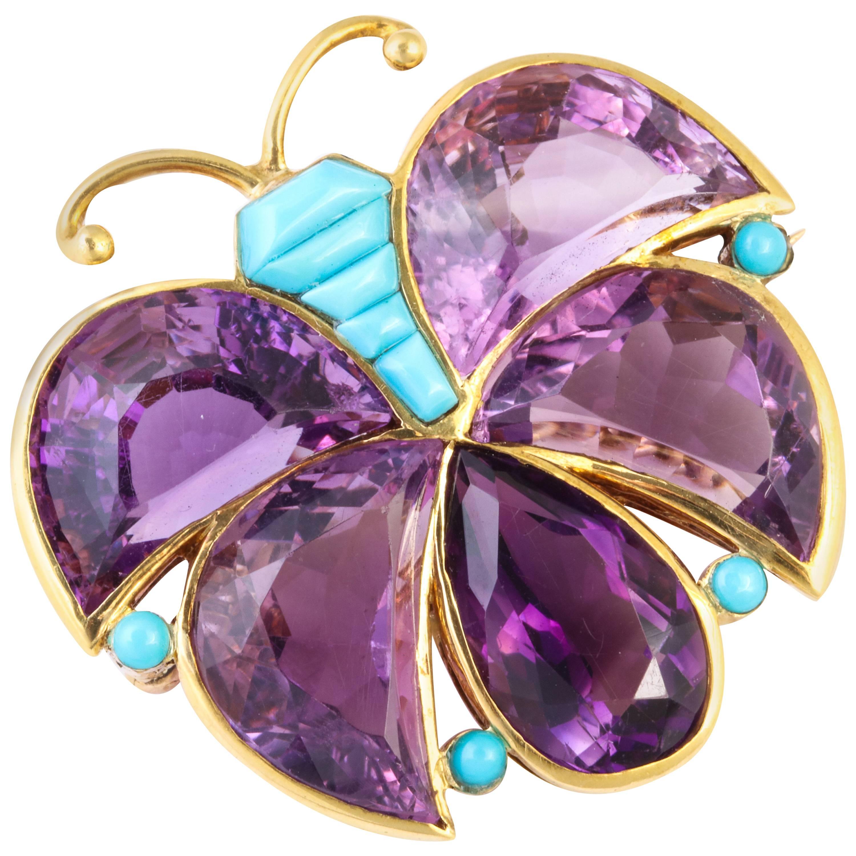 Van Cleef & Arpels Amethyst Turquoise Gold Butterfly Brooch