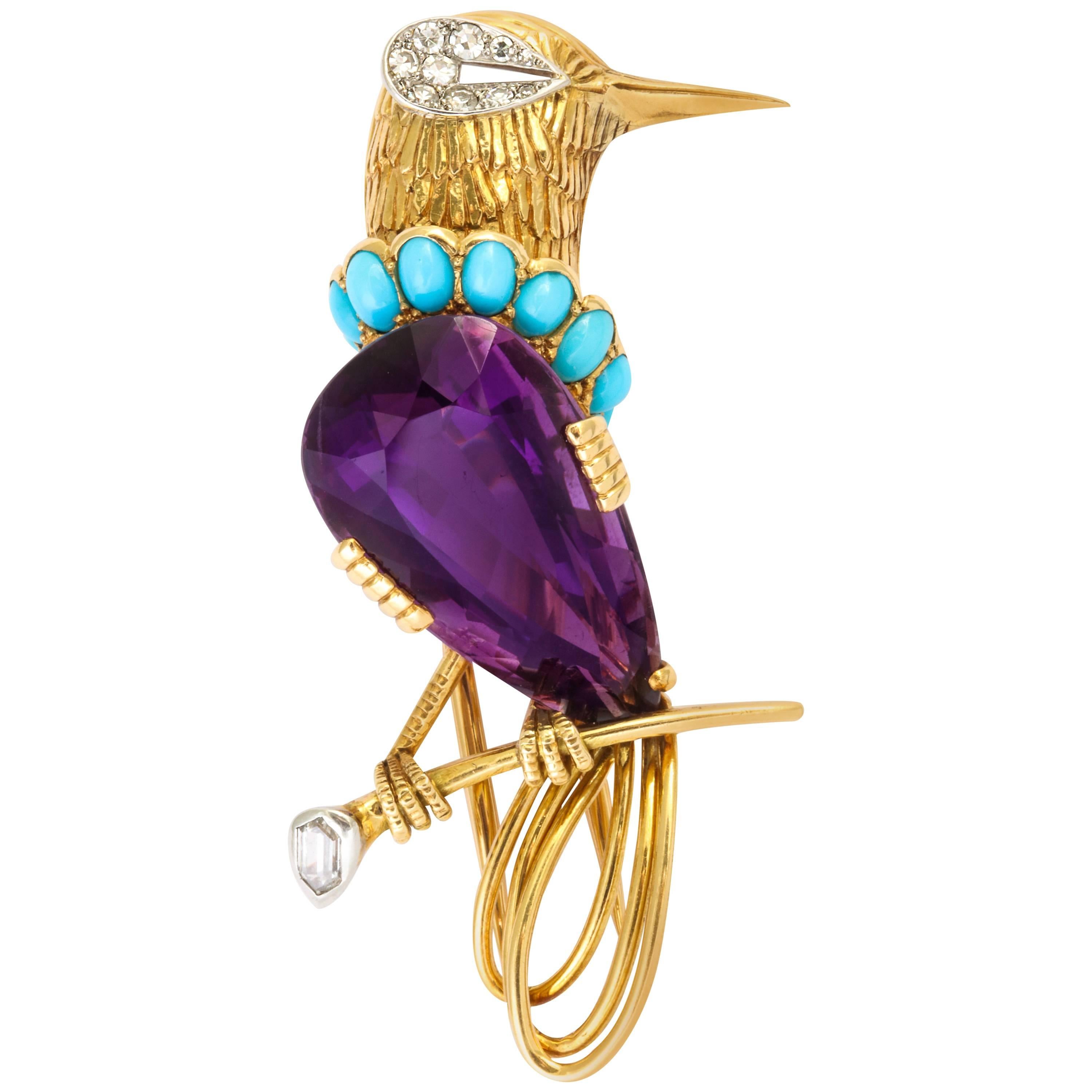 Cartier Paris Turquoise Amethyst Diamond Gold Bird Brooch