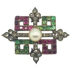 Victorian Emerald Ruby Diamond Pearl Brooch