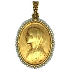 Antique Paul Emile Brandt Gold Pendant Necklace Depicting Mary