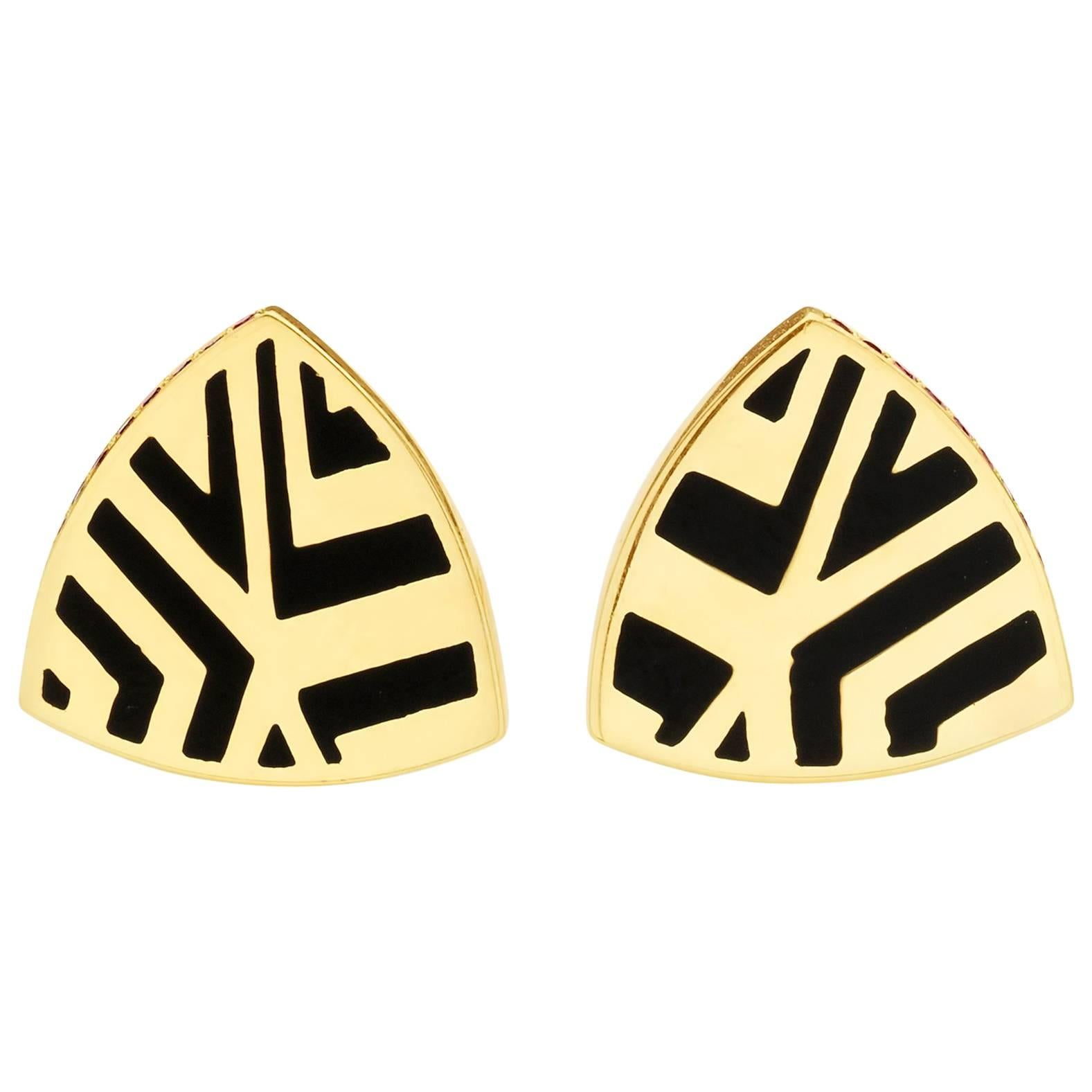 Alice Cicolini Memphis Chevron Triangle Enamel Ruby Gold Stud Earrings For Sale