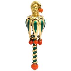 Van Cleef & Arpels Enamel Coral Diamond Gold Jester Brooch 4