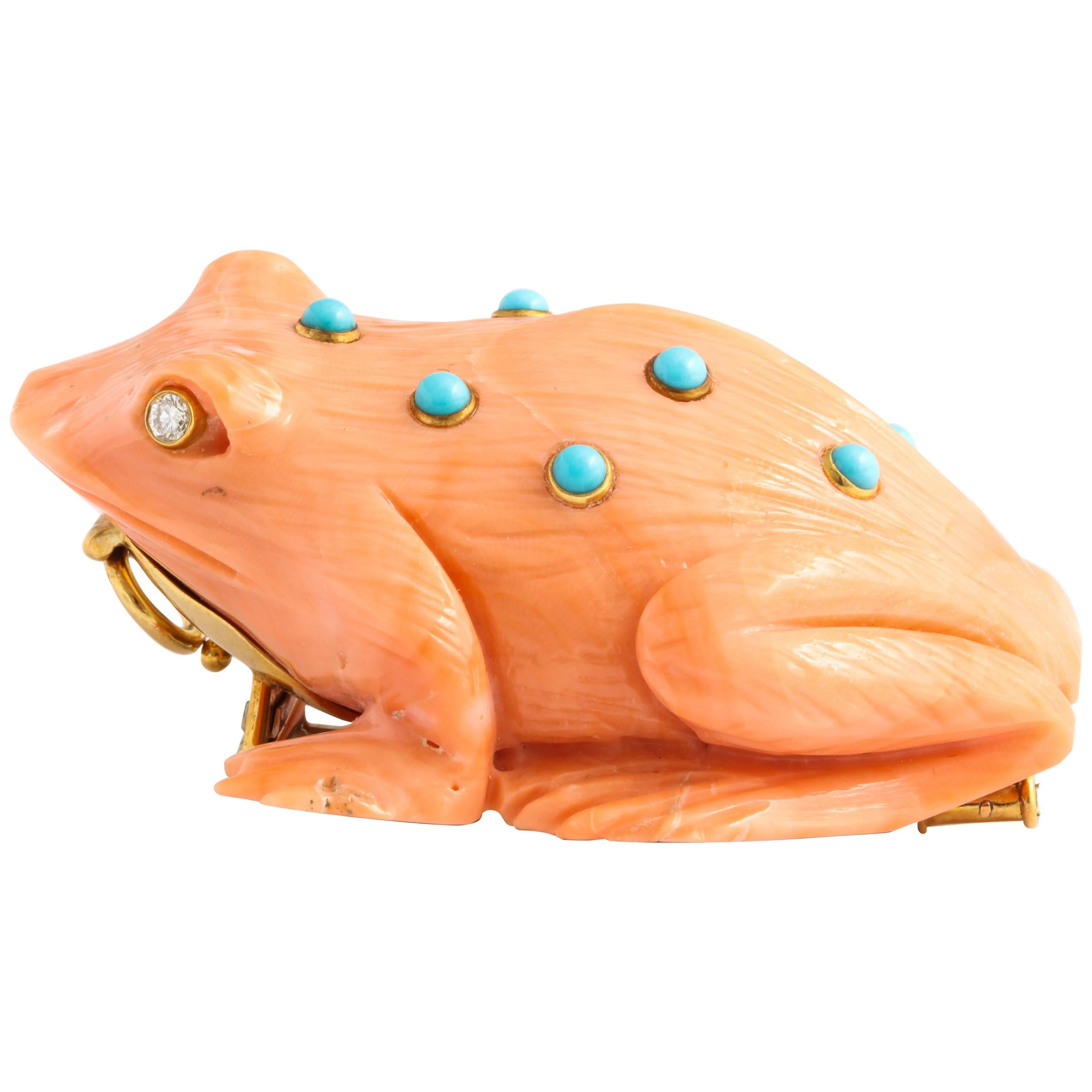 David Webb Carved Coral Frog Brooch