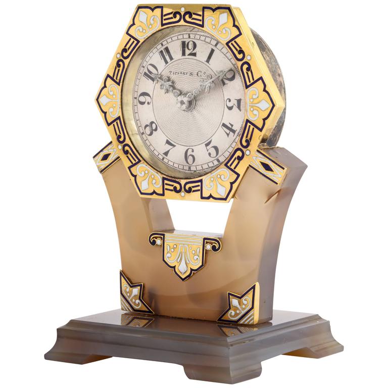 Tiffany and Co. Art Deco Carved Hardstone Blue and White Enamel Diamond Clock For Sale at 1stdibs