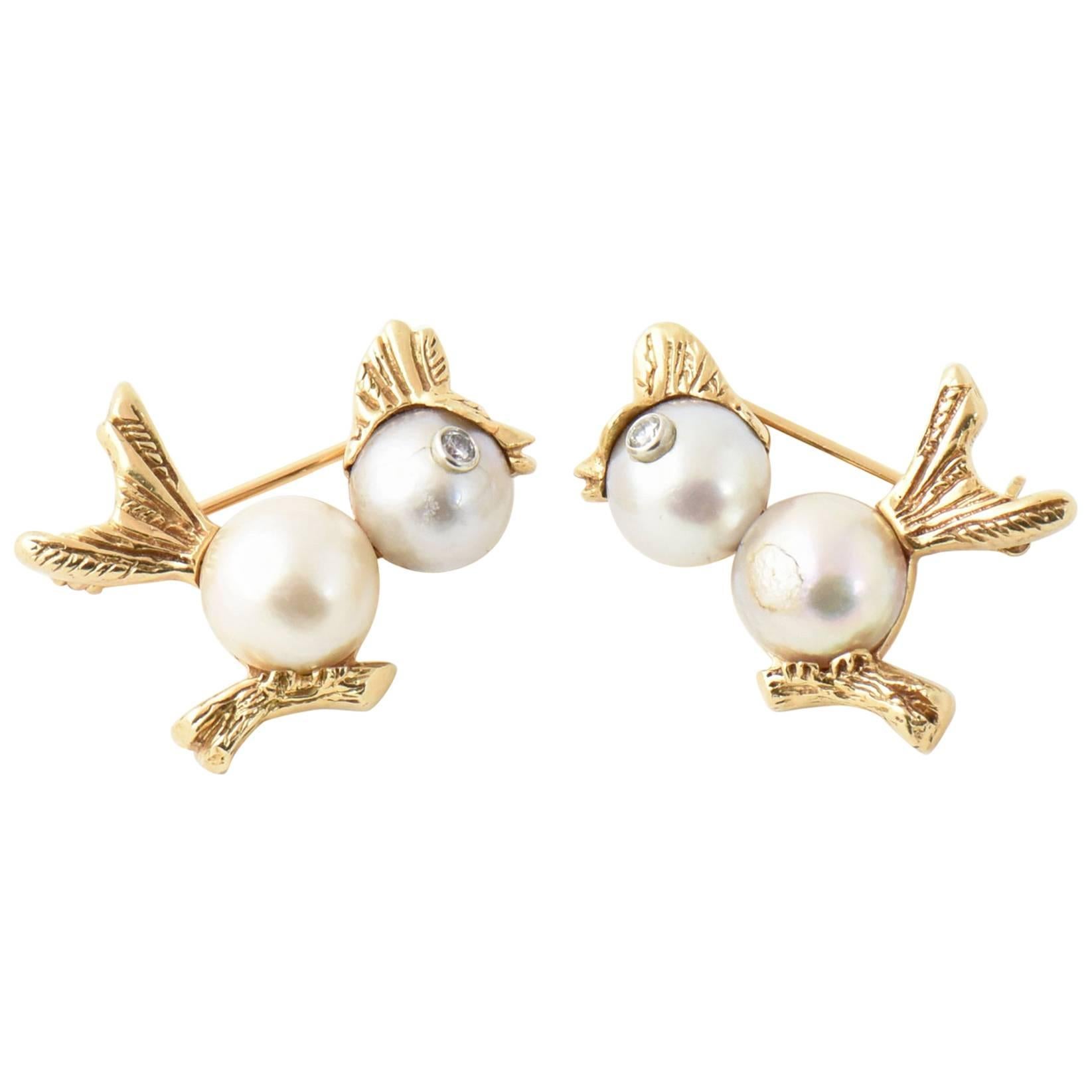 Ruser Pearl Diamond Gold Bird Brooches