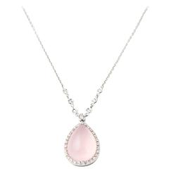 Favero Rose Quartz and Diamond Drop Gold Teardrop Necklace