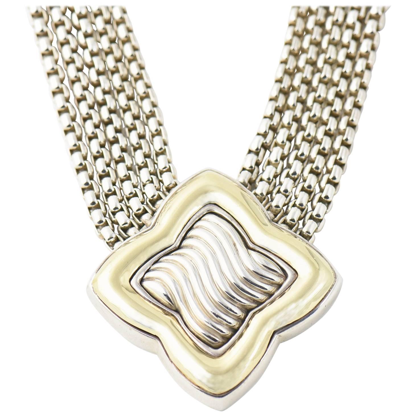 David Yurman Large Silver Gold Quatrefoil Necklace