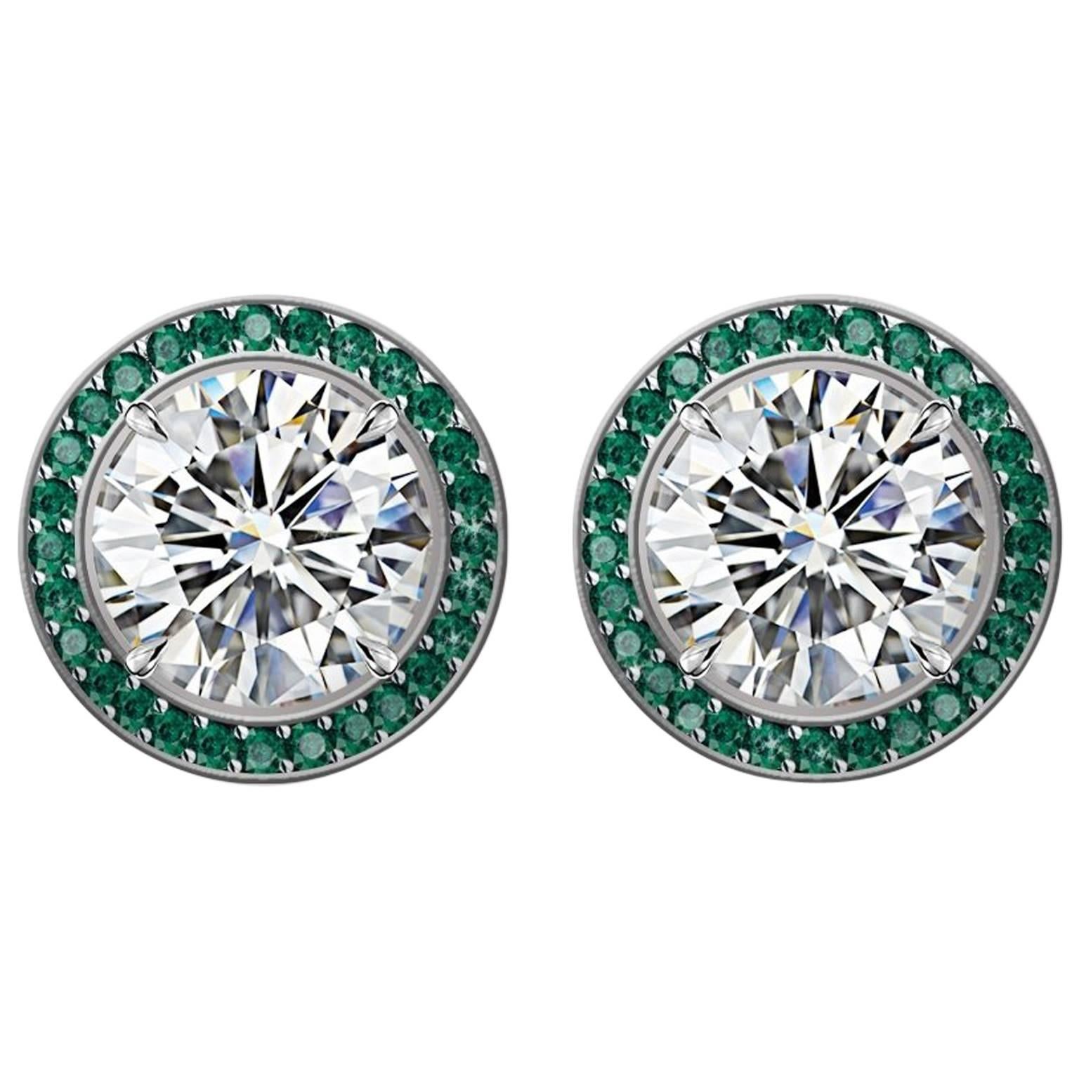 Hugo & Haan GIA Certified Platinum White Diamond and Emerald Stud Earrings For Sale