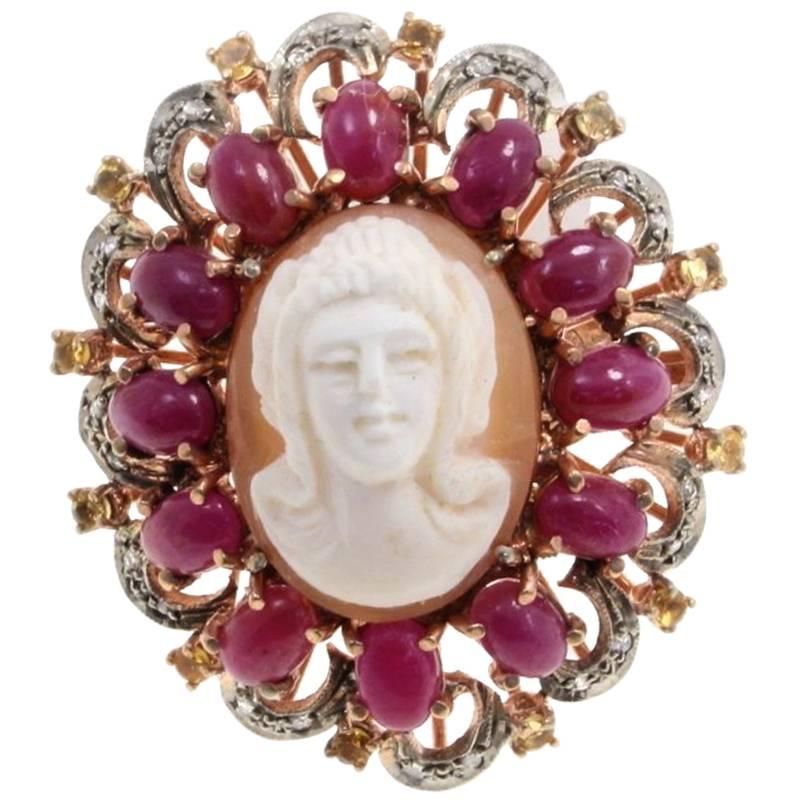  Gold Silver Diamond Ruby Topaz Cameo Cocktail Ring For Sale