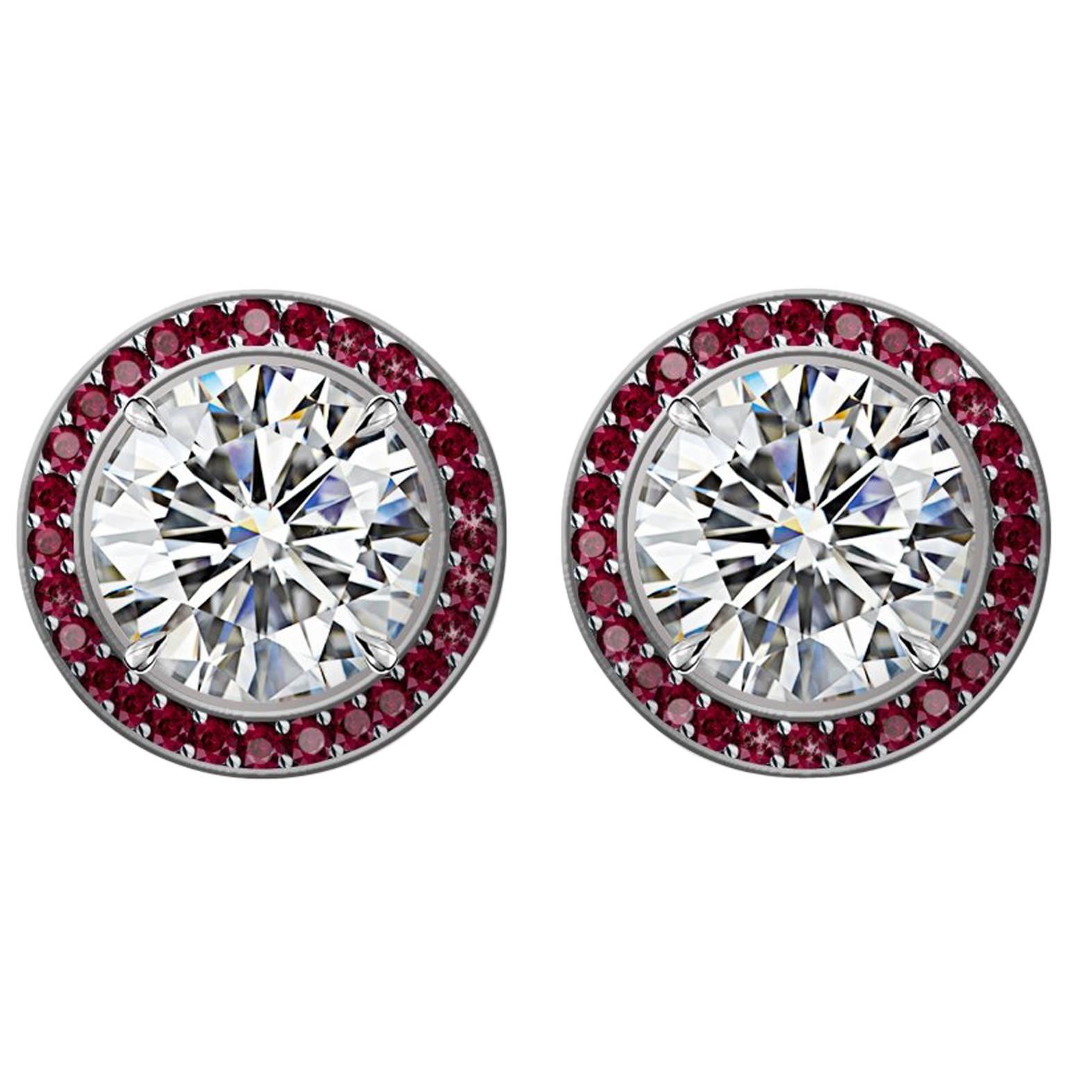 Hugo & Haan GIA Certified Platinum White Diamond and Ruby Stud Earrings For Sale
