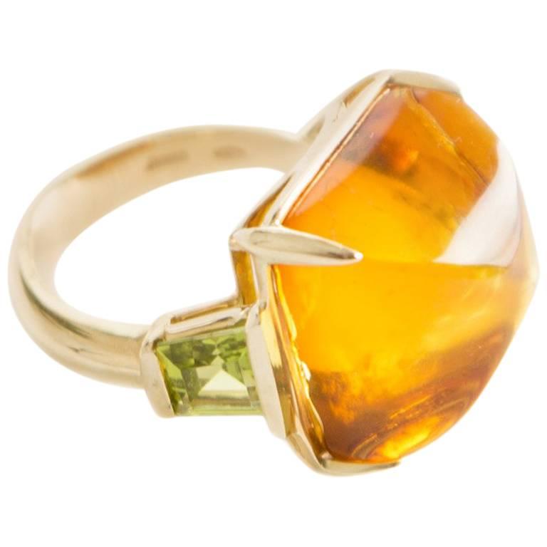 Amber Peridot Yellow Gold Ring by Opera, Italian Attitude For Sale