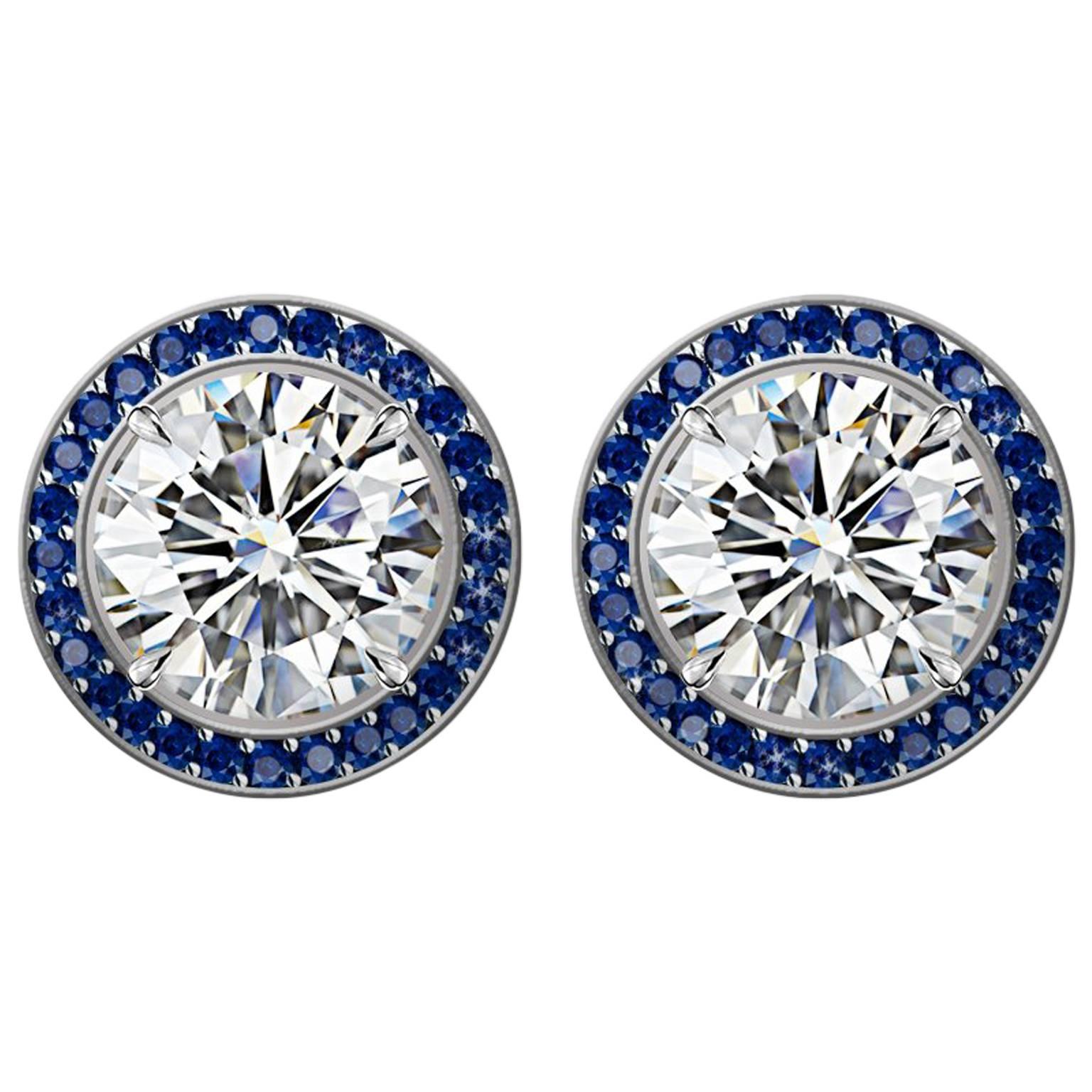 Hugo & Haan GIA Certified Platinum White Diamond and Sapphire Stud Earring For Sale