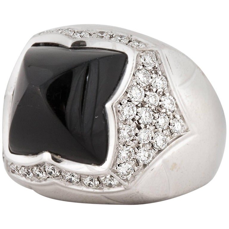 Estate Bulgari Pyramid Onyx and Diamond Ring in 18K White Gold For